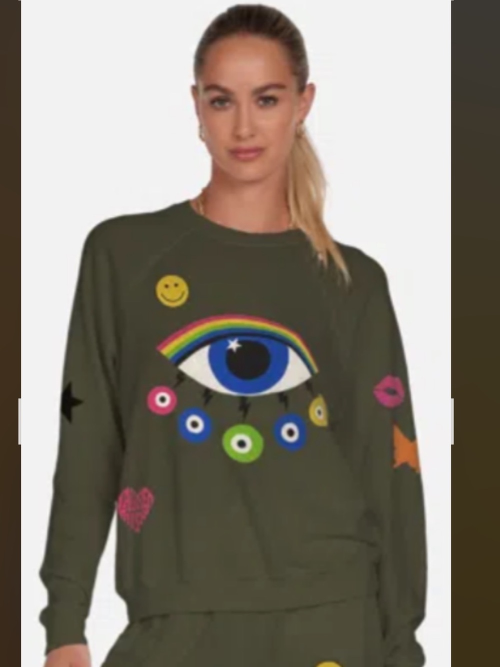 Lauren Moshi Anela Rainbow Evil Eye Raglan pullover sweatshirt in Military Green